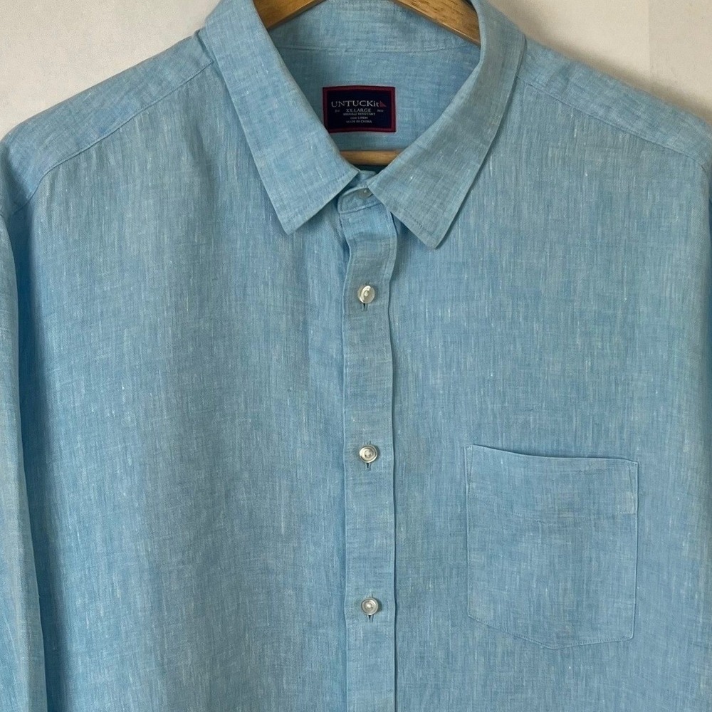 Untuckit‎ Light Blue LINEN Wrinkle Resistant Long Sleeve Button Shirt XXL Men's
